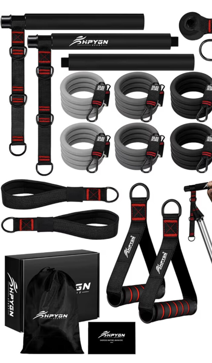 Photo: the HPYGN kit's three weight-tagged resistance bands, 45/55/65 lb