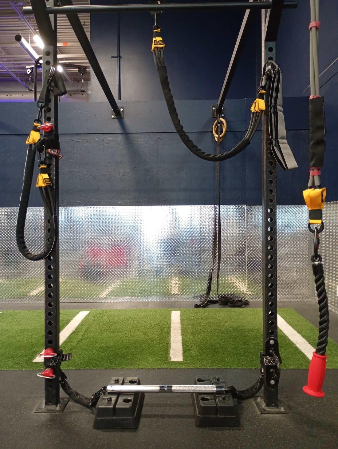 The rig — resistance tubing, carabiner clips, and the single-arm tricep rope